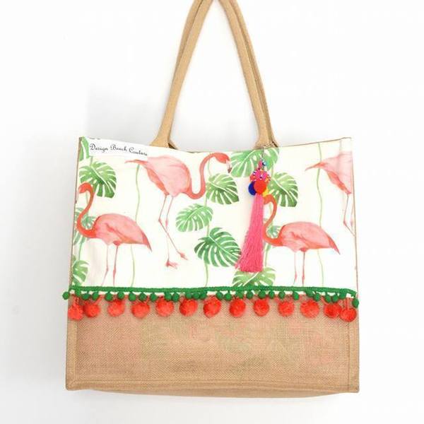 Tall and proud bag - βαμβάκι, ώμου, pom pom, παραλία, unique, flamingos, θαλάσσης