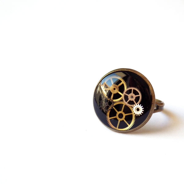 *Drop of Time* | Μπρονζέ Δαχτυλίδι με Γρανάζια - vintage, γυαλί, γυαλί, μέταλλο, δαχτυλίδι