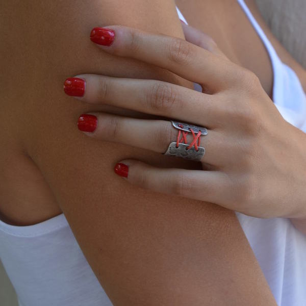 ''Red corset'' ring - ασήμι, ασήμι 925, κορδόνια, χειροποίητα, minimal