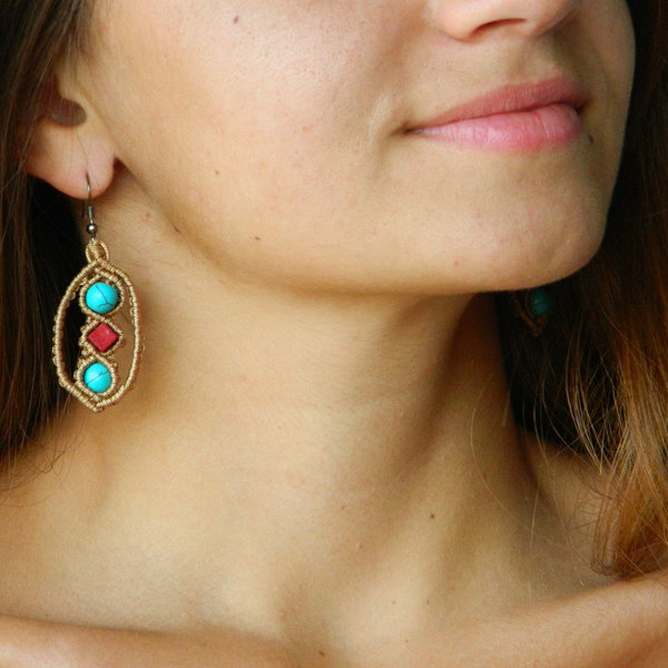 Macrame earrings - χαολίτης, δώρο, μακραμέ, κορδόνια, σκουλαρίκια, χειροποίητα, χάντρες, boho, ethnic - 2