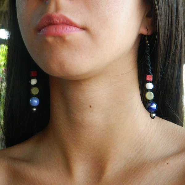 Colourful Black -- Macrame σκουλαρίκια - handmade, γυναικεία, μακραμέ, κορδόνια, χειροποίητα, χάντρες, boho, ethnic - 2