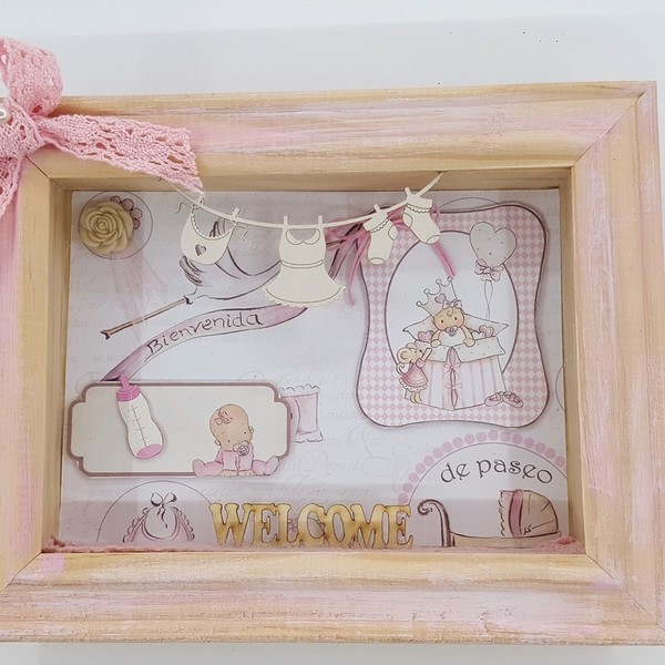 Τρισδιαστατη κορνίζα για νεογέννητο - ροζ, ξύλο, πίνακες & κάδρα, κορίτσι, δώρο, βρεφικά, παιδικά κάδρα - 2