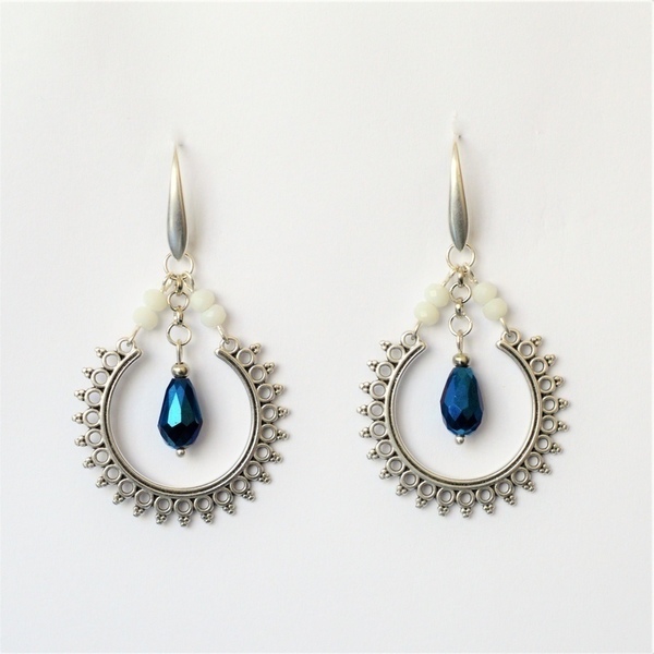 Σκουλαρίκια ethnic Blue ιριδίζον / White alabaster S3299 - αστέρι, ήλιος, σκουλαρίκια, χειροποίητα σκουλαρίκια με πέρλε, πέτρες, χάντρες