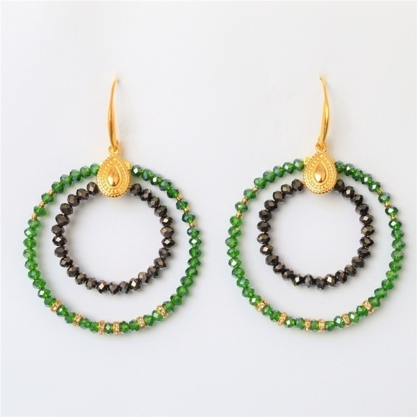 Σκουλαρίκια rings / Green / crystal metallic S3303 - κρύσταλλα, χειροποίητα σκουλαρίκια με πέρλε, πέτρες, χάντρες, ethnic, κρεμαστά, μεγάλα, έλληνες σχεδιαστές
