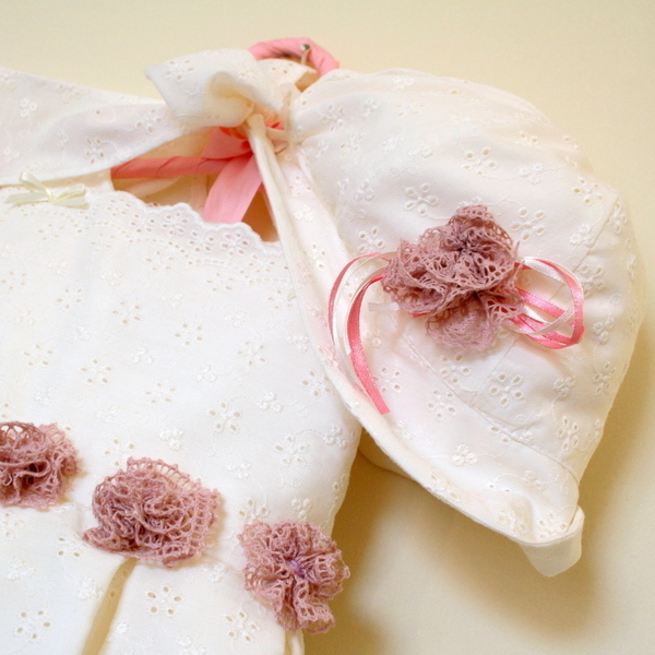 Βαπτιστικό καπέλο & φόρεμα ιβουάρ με δαντελένια λουλούδια - ύφασμα, δαντέλα, δαντέλα, κορίτσι, βαπτιστικά, χειροποίητα, βρεφικά, παιδικά ρούχα - 2