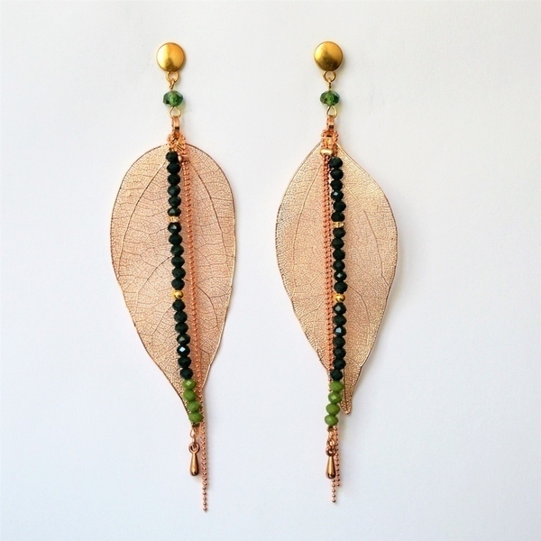 Σκουλαρίκια leaves /Green /rose gold S3330 - χειροποίητα, χειροποίητα σκουλαρίκια με πέρλε, χάντρες, φύλλο, φύλλο, μακριά, έλληνες σχεδιαστές