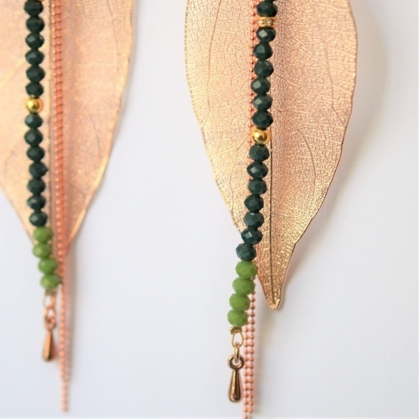 Σκουλαρίκια leaves /Green /rose gold S3330 - χειροποίητα, χειροποίητα σκουλαρίκια με πέρλε, χάντρες, φύλλο, φύλλο, μακριά, έλληνες σχεδιαστές - 2