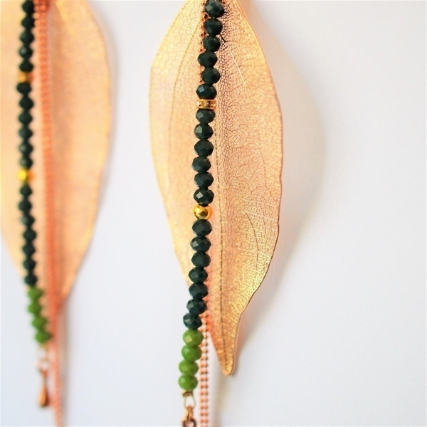 Σκουλαρίκια leaves /Green /rose gold S3330 - χειροποίητα, χειροποίητα σκουλαρίκια με πέρλε, χάντρες, φύλλο, φύλλο, μακριά, έλληνες σχεδιαστές - 3