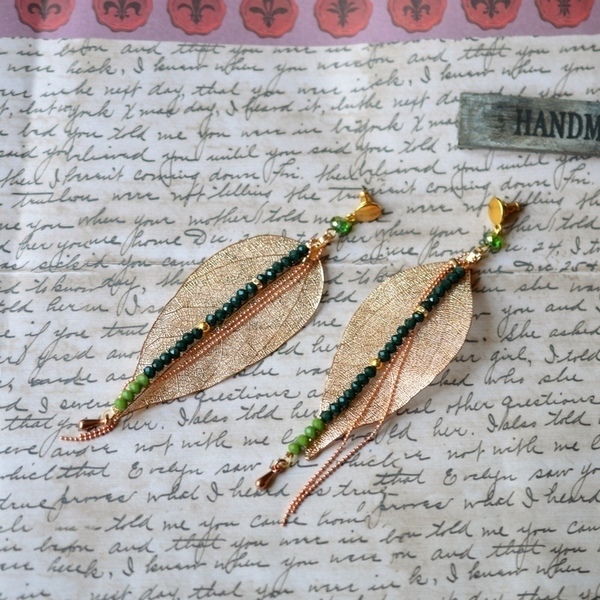 Σκουλαρίκια leaves /Green /rose gold S3330 - χειροποίητα, χειροποίητα σκουλαρίκια με πέρλε, χάντρες, φύλλο, φύλλο, μακριά, έλληνες σχεδιαστές - 4