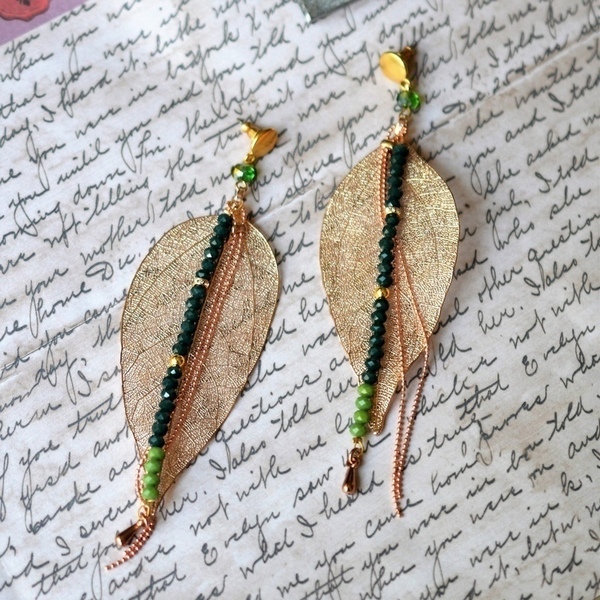 Σκουλαρίκια leaves /Green /rose gold S3330 - χειροποίητα, χειροποίητα σκουλαρίκια με πέρλε, χάντρες, φύλλο, φύλλο, μακριά, έλληνες σχεδιαστές - 5