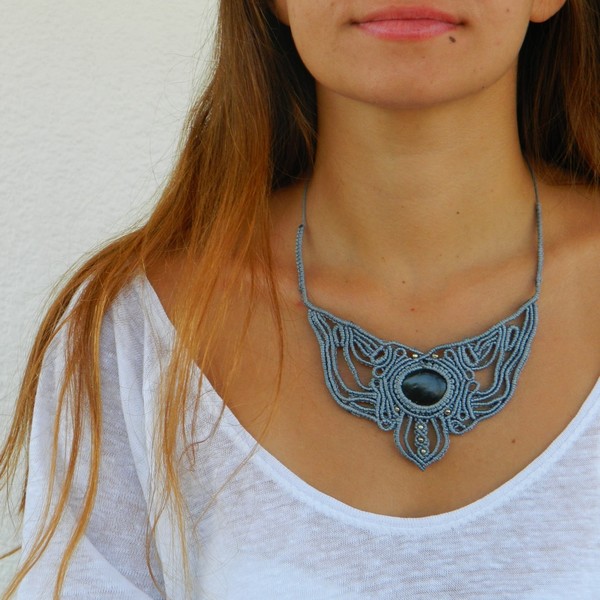 Bird -- Macrame necklace - statement, chic, γυναικεία, πέτρα, δώρο, μακραμέ, κολιέ, κορδόνια, χειροποίητα, boho, ethnic, μεταλλικά στοιχεία - 2