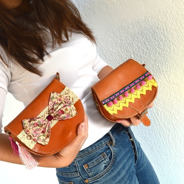 Mini Flower Bow Leather Bag - δέρμα, ύφασμα, handmade, δαντέλα, καλοκαιρινό, τσάντα, χειροποίητα, romantic - 2