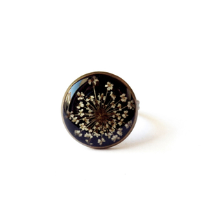 *Queen Anne's Lace* | Δαχτυλίδι με Αληθινό Λουλούδι σε Υγρό Γυαλί - vintage, γυαλί, γυαλί, μέταλλο, δαχτυλίδι, romantic, φθινόπωρο