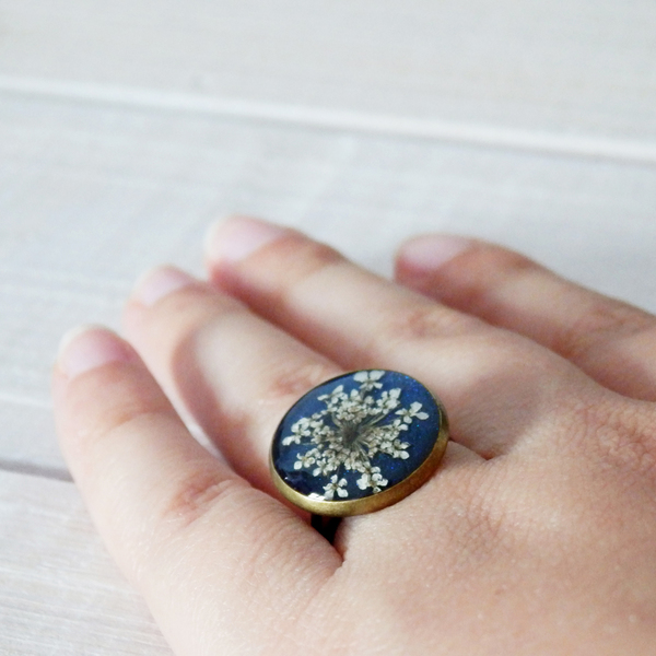 *Queen Anne's Lace* | Δαχτυλίδι με Αληθινό Λουλούδι σε Υγρό Γυαλί - vintage, γυαλί, γυαλί, μέταλλο, δαχτυλίδι, romantic, φθινόπωρο - 4