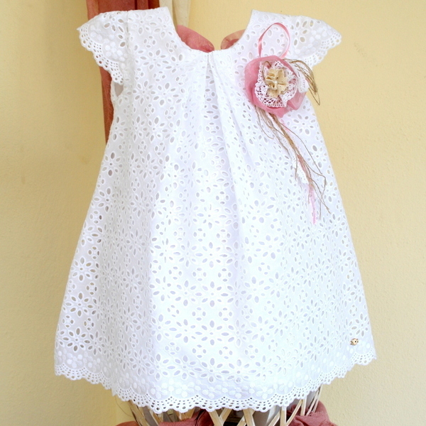 Βαπτιστικό καπέλο & φόρεμα λευκό ριχτό με ροζ λουλούδι - βαπτιστικά, παιδικά ρούχα