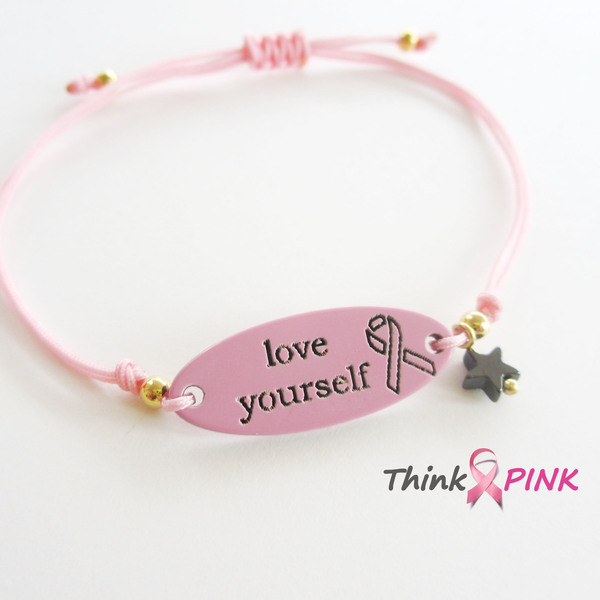 Love Yourself - Think Pink / βραχιόλι για την εκστρατεία κατά του καρκίνου του μαστού - ημιπολύτιμες πέτρες, chic, charms, γυναικεία, αστέρι, δώρο, αιματίτης, αιματίτης, ταυτότητες, ακρυλικό, πρωτότυπο, κορδόνια, γεωμετρικά σχέδια, romantic, minimal, plexi glass, αυξομειούμενα - 2