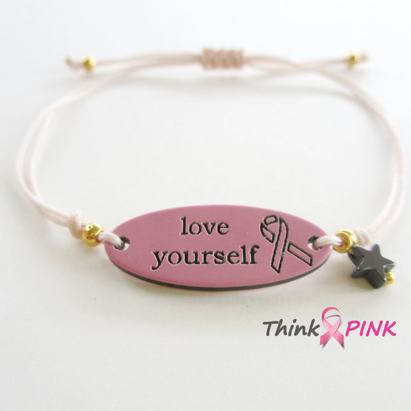 Love Yourself - Think Pink / βραχιόλι για την εκστρατεία κατά του καρκίνου του μαστού - ημιπολύτιμες πέτρες, chic, charms, γυναικεία, αστέρι, δώρο, αιματίτης, αιματίτης, ταυτότητες, ακρυλικό, πρωτότυπο, κορδόνια, γεωμετρικά σχέδια, romantic, minimal, plexi glass, αυξομειούμενα - 3
