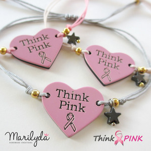 "Think Pink" βραχιόλι καρδούλα για την εκστρατεία κατά του καρκίνου του μαστού - ημιπολύτιμες πέτρες, chic, charms, ιδιαίτερο, μοναδικό, καρδιά, αστέρι, αιματίτης, αιματίτης, πρωτότυπο, κορδόνια, χειροποίητα, romantic, plexi glass, bracelet, αυξομειούμενα - 2
