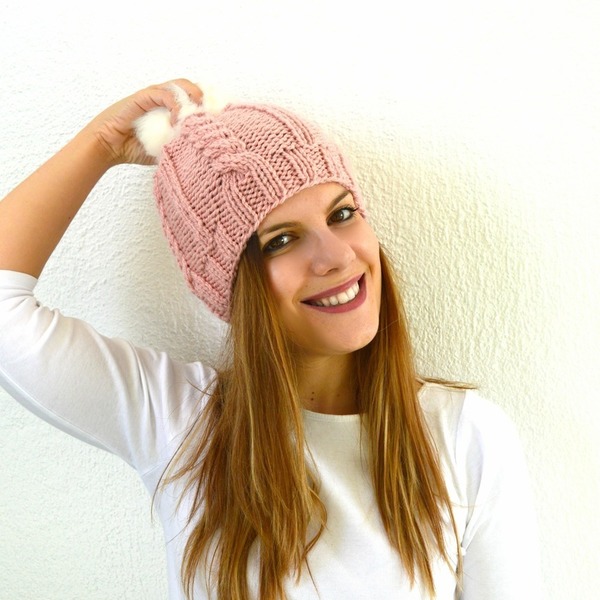 Piggy Hat - μαλλί, ροζ, πλεκτό, χειμωνιάτικο, κορίτσι, ακρυλικό, pom pom, pom pom, χειροποίητα