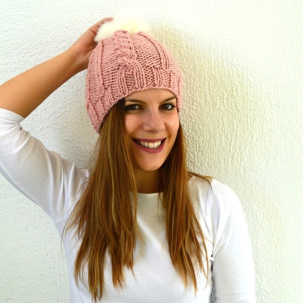 Piggy Hat - μαλλί, ροζ, πλεκτό, χειμωνιάτικο, κορίτσι, ακρυλικό, pom pom, pom pom, χειροποίητα - 2