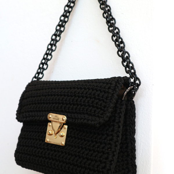 Χειροποίητη μαύρη πλεκτή τσάντα - χιαστί, crochet, τσάντα, χειροποίητα, πλεκτή - 3