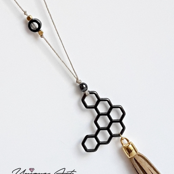 Honeycomb necklace - γυναικεία, με φούντες, κολιέ, κορδόνια, minimal, unique, αυξομειούμενα - 4