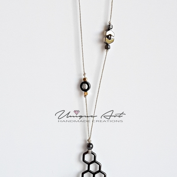 Honeycomb necklace - γυναικεία, με φούντες, κολιέ, κορδόνια, minimal, unique, αυξομειούμενα - 2