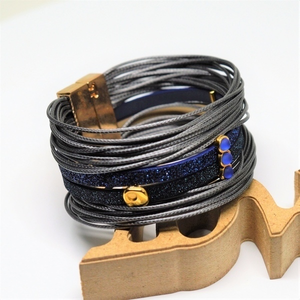 Βραχιολι Gunmetal/Blue glitter flat cord V1545 - βραδυνά, μοναδικό, γκλίτερ, σταθερά, πολύσειρα, έλληνες σχεδιαστές - 3