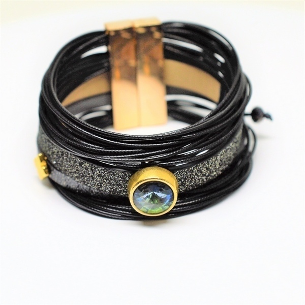 Βραχιολι black/Grey glitter flat cord /Green V1546 - βραδυνά, χειροποίητα, bracelet, σταθερά, πολύσειρα