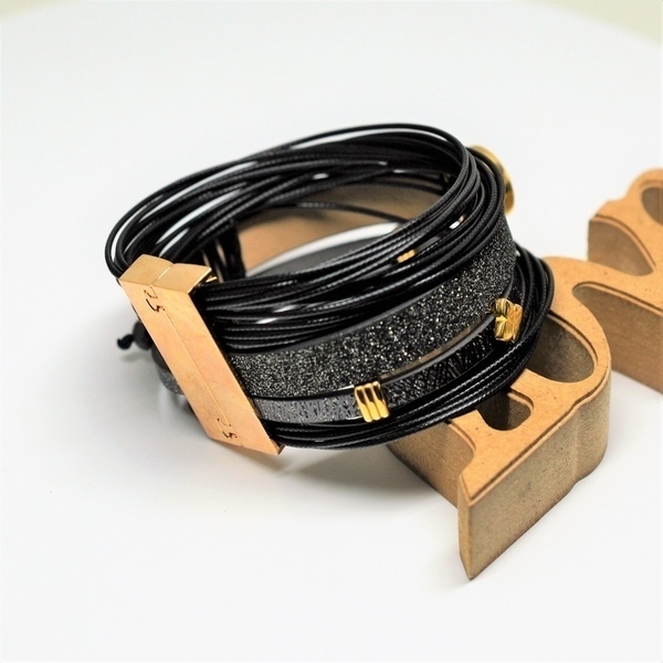 Βραχιολι black/Grey glitter flat cord /Green V1546 - βραδυνά, χειροποίητα, bracelet, σταθερά, πολύσειρα - 3
