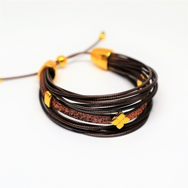 Βραχιόλι Brown /Brown glitter flat cord/ gold V1551 - μοντέρνο, κορδόνια, χειροποίητα, πολύσειρα, έλληνες σχεδιαστές, αυξομειούμενα