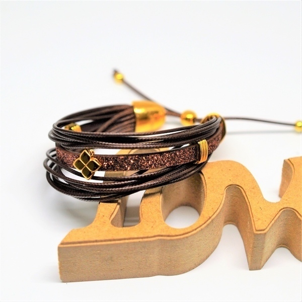 Βραχιόλι Brown /Brown glitter flat cord/ gold V1551 - μοντέρνο, κορδόνια, χειροποίητα, πολύσειρα, έλληνες σχεδιαστές, αυξομειούμενα - 3