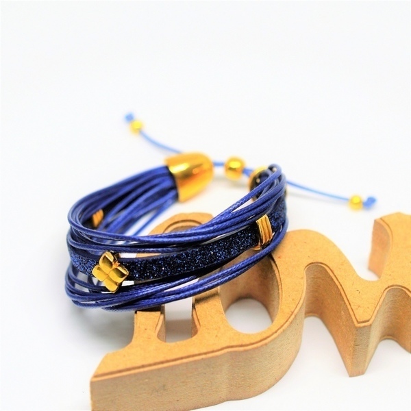 Βραχιόλι Blue /Blue glitter flat cord/ gold V1552 - βραδυνά, μοναδικό, κορδόνια, χειροποίητα, πολύσειρα, έλληνες σχεδιαστές, αυξομειούμενα - 3