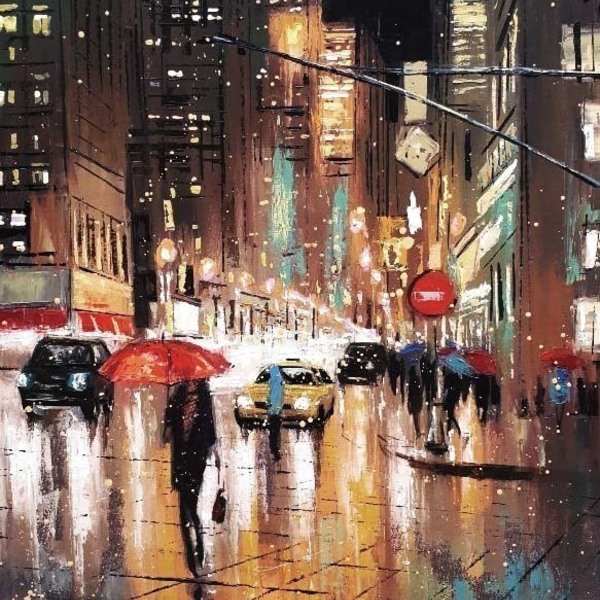 Νέα Υόρκη βροχή Μοναδικός χειροποίητος πίνακας ζωγραφικής,με λάδι σε καμβά. - ζωγραφισμένα στο χέρι, πίνακες & κάδρα, καμβάς, αυτοκίνητα