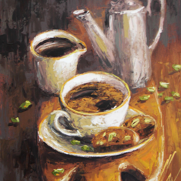 Καφές πρωινός μοναδικός χειροποίητος πίνακας ζωγραφικής,με λάδι σε καμβά. - καμβάς, δώρο, διακόσμηση, τοίχου