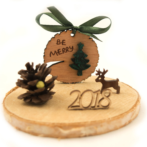 Γούρια ξύλινος κορμός - γούρι, δώρο, χριστουγεννιάτικο, κουκουνάρι - 4
