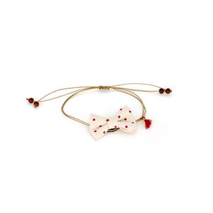 Red Polka Bow Bracelet - ύφασμα, φιόγκος, charms, ιδιαίτερο, πουά, χειροποίητα, set, romantic, σετ, αυξομειούμενα, φθηνά