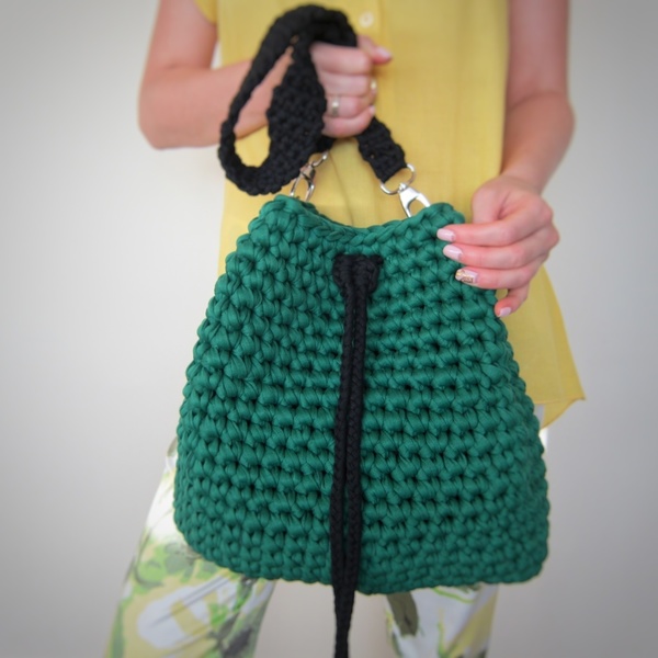 Τσάντα πουγκί πράσινη - μονόχρωμες, πουγκί, crochet, χειροποίητα, βαμβακερό νήμα, πλεκτή - 3