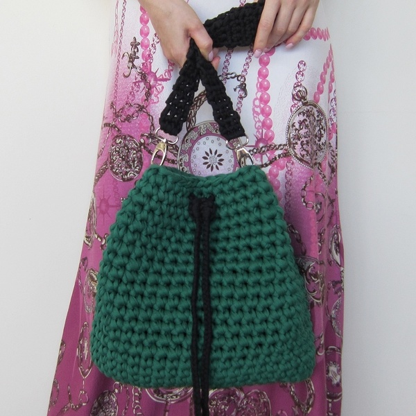 Τσάντα πουγκί πράσινη - μονόχρωμες, πουγκί, crochet, χειροποίητα, βαμβακερό νήμα, πλεκτή - 4