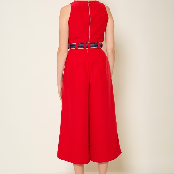 Κοκκινη κρεπ ολόσωμη φόρμα με κουφόπιετες που δένει με μεταξωτό μαντήλι στην μέση - μετάξι, χειμωνιάτικο - 3