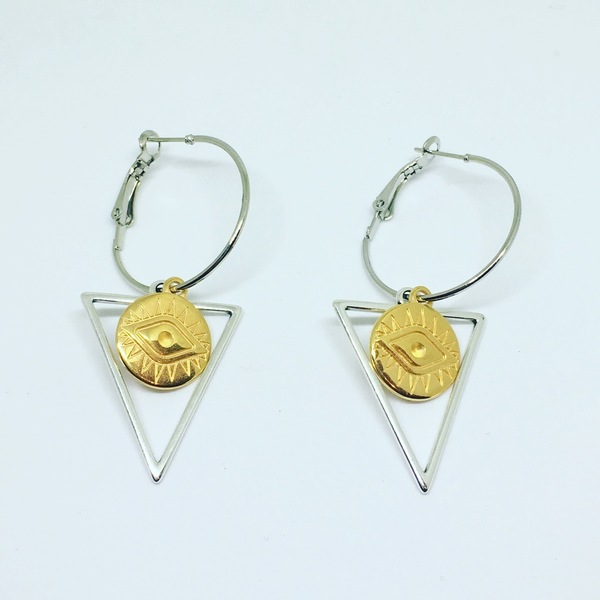 Σκουλαρίκια τρίγωνα με χρυσά φλουράκια - ορείχαλκος, ορείχαλκος, σκουλαρίκια, μάτι