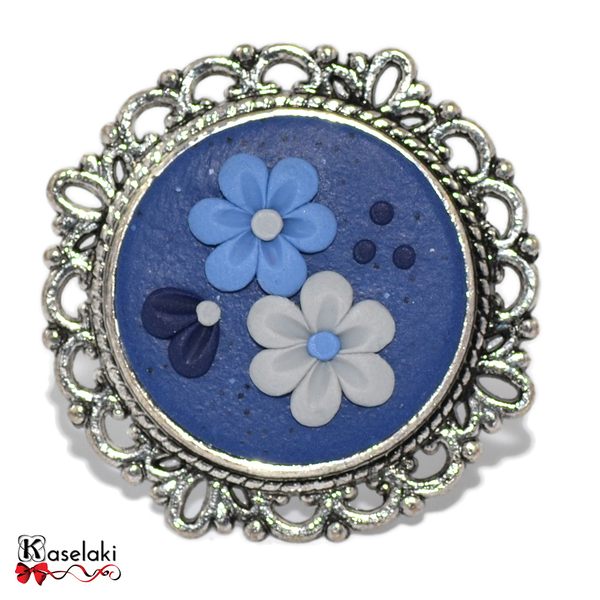 Ρομαντικό αυξομειούμενο βίνταζ δαχτυλίδι σε μπλε αποχρώσεις - vintage, λουλούδια, πηλός, δαχτυλίδι, χειροποίητα, φλοράλ, romantic, λουλουδάτο, αυξομειούμενα - 2