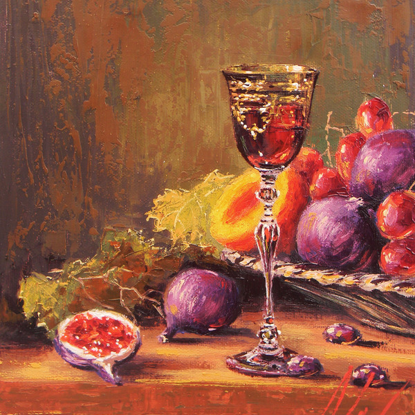 Ποτήρι κρασί με φρούτα, Μοναδικός χειροποίητος πίνακας ζωγραφικής,με λάδι σε καμβά. - πίνακες & κάδρα, καμβάς, δώρο, διακόσμηση, τοίχου, φρούτα