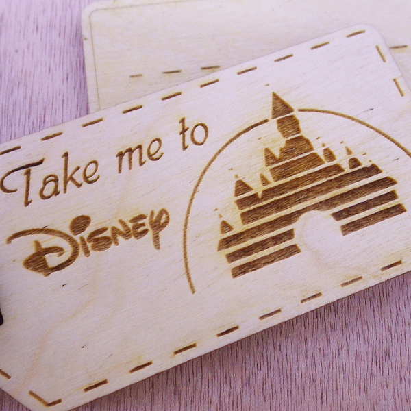 Ταμπελάκι για βαλίτσα ''Take me to Disney'' - δέρμα, ξύλο, μπρελόκ, τσάντα, ξύλινα - 2
