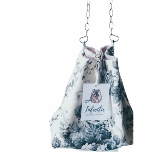Τσάντα πουγκάκι με φλοράλ ασπρόμαυρο μοτίβο - ύφασμα, βαμβάκι, αλυσίδες, πουγκί, πουγκί, χιαστί, φλοράλ, romantic, φθηνές