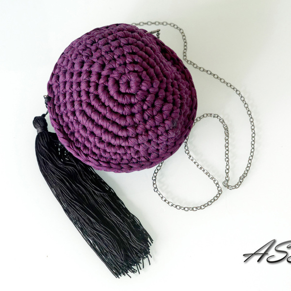 Ballbag Στρογγυλή τσάντα. - μαλλί, αλυσίδες, πλεκτό, χιαστί, crochet, κρόσσια, πλεκτές τσάντες, μικρές