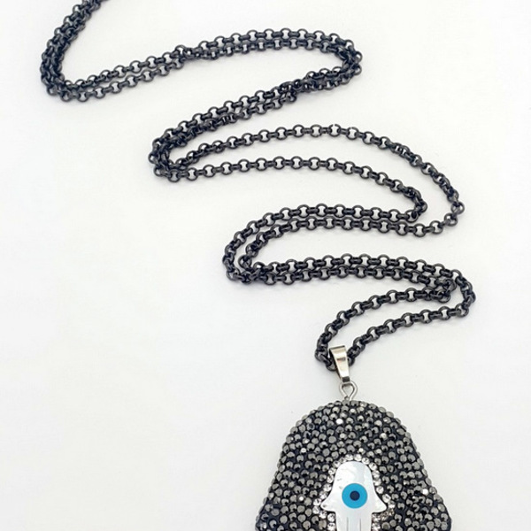 Μακρύ κολιέ με μοτίφ "hamsa hand" από μαρκασίτη, ζιργκόν και αλυσίδα - αλυσίδες, μακρύ, κολιέ, μάτι, ζιργκόν, boho, fashion jewelry - 2