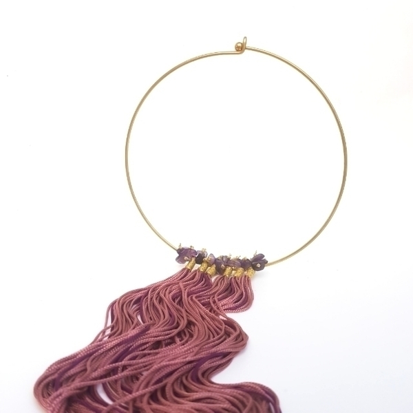 Statement Silk Necklace - μετάξι, μετάξι, ημιπολύτιμες πέτρες, ημιπολύτιμες πέτρες, με φούντες, boho, μπρούντζος, μεγάλα