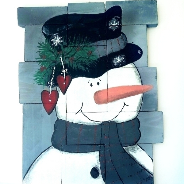 Ξυλινος χειροποιητος πινακας με Χριστουγεννιατικο θεμα " χιονανθρωπος"