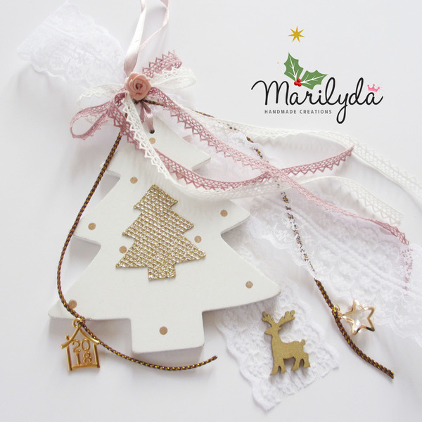 Xειροποίητο γούρι "Romantic White Christmas Tree" - κορδέλα, φιόγκος, chic, ξύλο, δαντέλα, vintage, ιδιαίτερο, μοναδικό, δέντρα, αστέρι, δώρο, elegant, romantic, δωράκι, ξύλινο, χριστουγεννιάτικο δέντρο, μεταλλικά στοιχεία, merry christmas, χριστουγεννιάτικα δώρα, στολίδια - 2